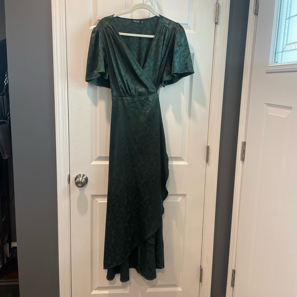 Nasty Gal Forest Green Silky Wrap Dress